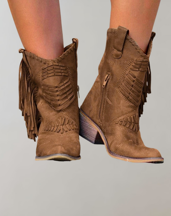 Selene - Bottes vintage à franges avec fermeture éclair