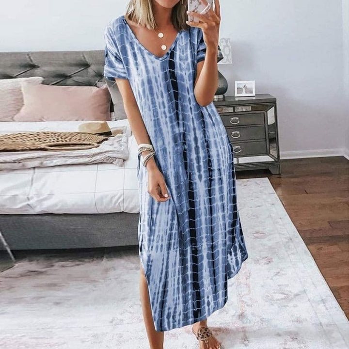 Elegante Boho-Chic Midi-Robe mit Tie-Dye Muster – V-Ausschnitt, Kurze Ärmel, Bequeme Passform