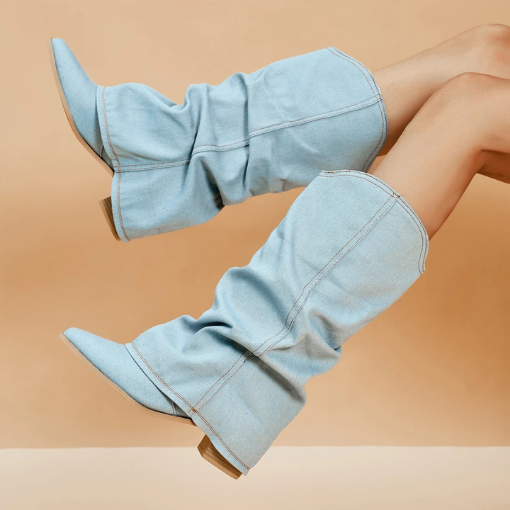 Franjes - bottes en denim plissées avec talon bloc