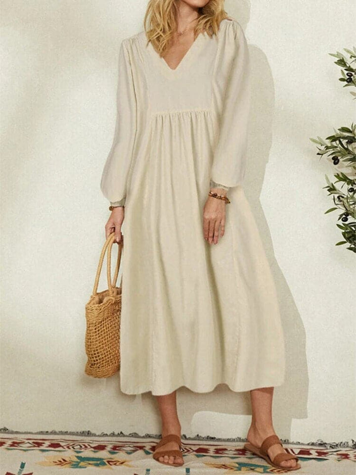 Robe Midi Élégance Bohème – Décolleté en V, Manches Longues, Taille Empire, Silhouette Aérienne