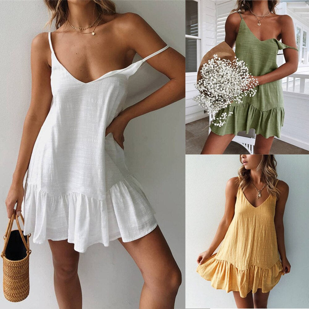 Vestito estivo da donna con spalline sottili – vestito corto arioso con volant e scollo a V per spiaggia e uso quotidiano
