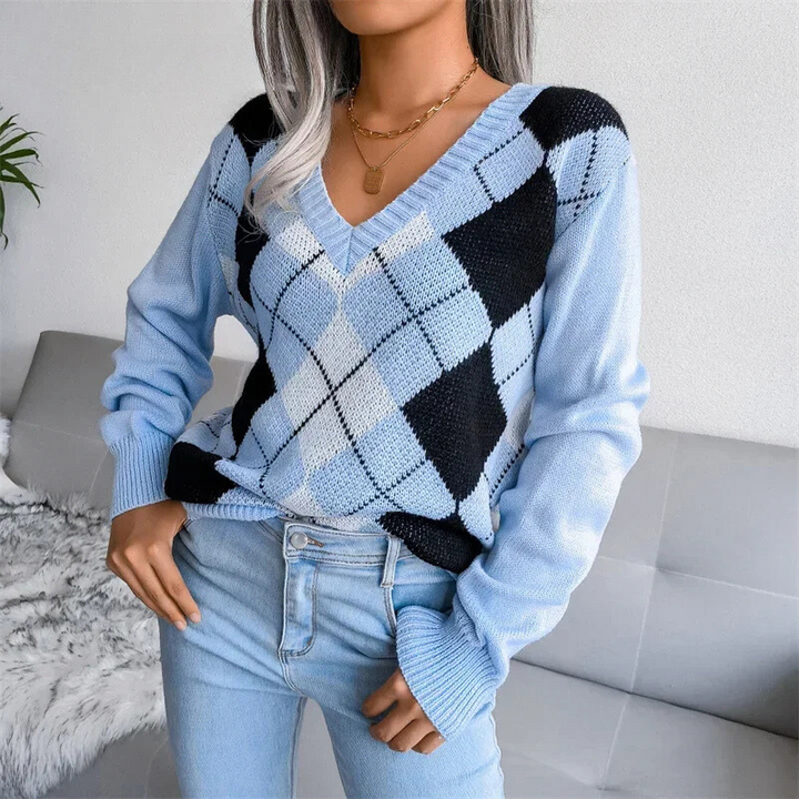 Natalia - pull d'hiver avec col en V et motif à carreaux