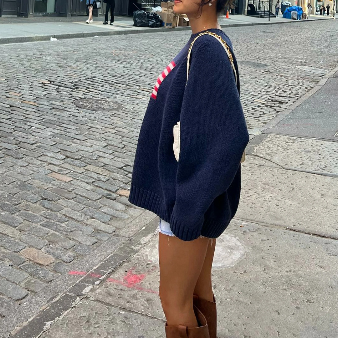 Maglione oversize da donna con motivo bandiera – maglione lavorato a maglia in stile retrò per autunno e streetstyle