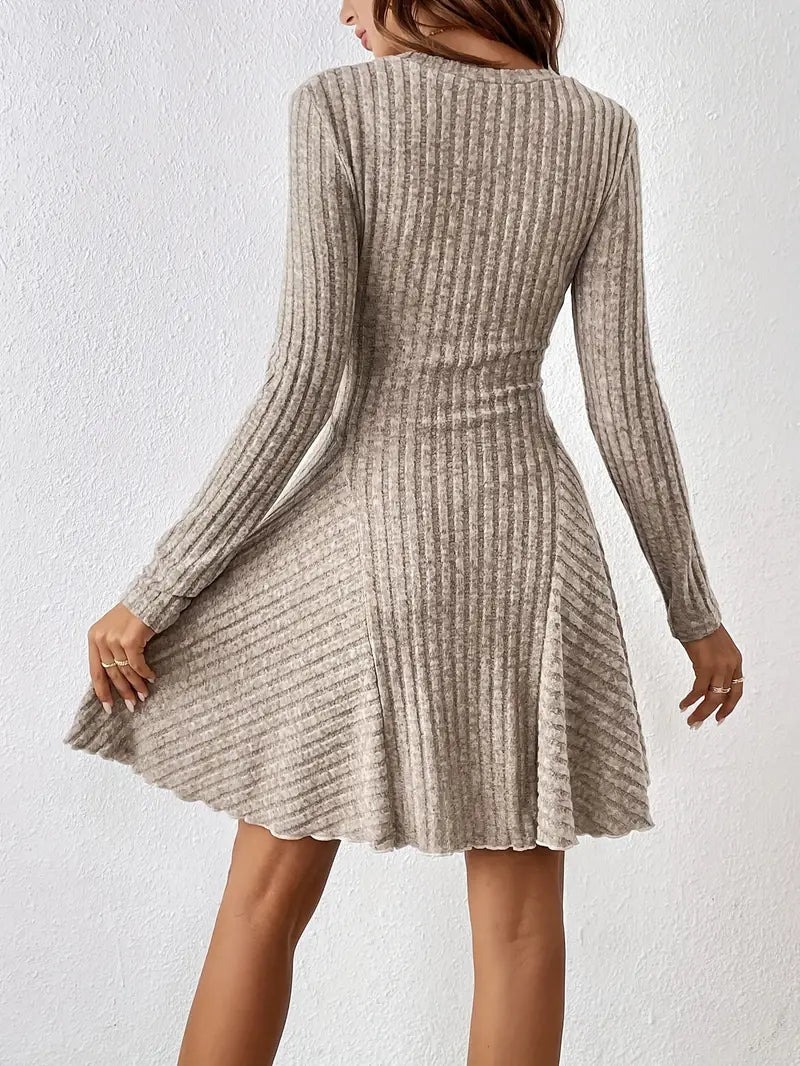 Vestito a maglia a coste con scollo a V – Minivestito a maniche lunghe per autunno, inverno e look casual confortevoli