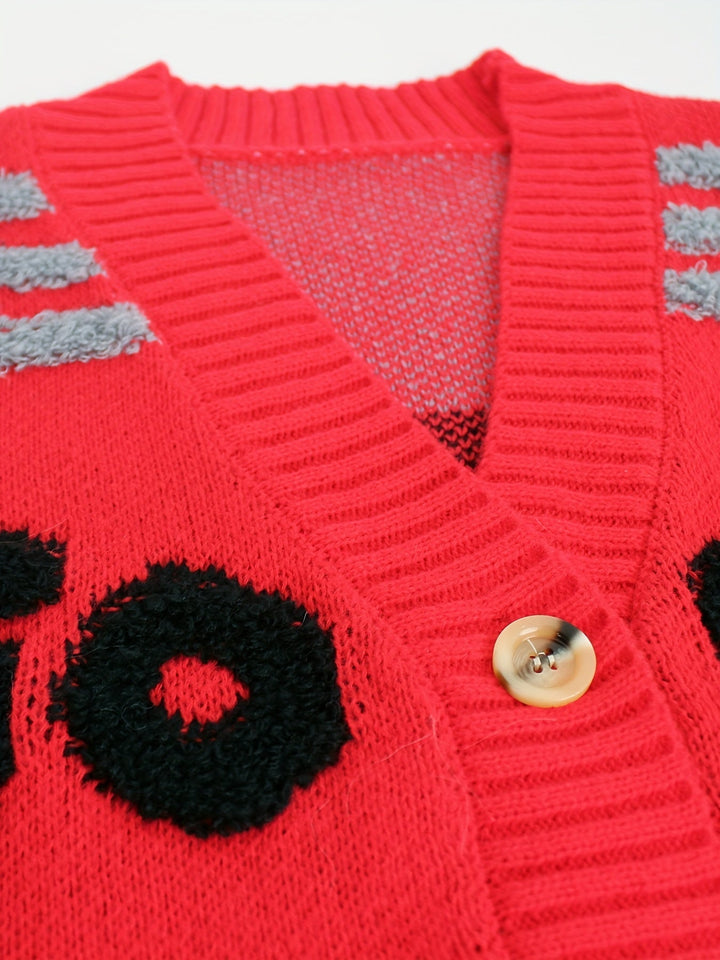 Lässiger Buchstabenmuster Knopf Unten Strickjacke Für Damen | Perfekt für lässige Tage