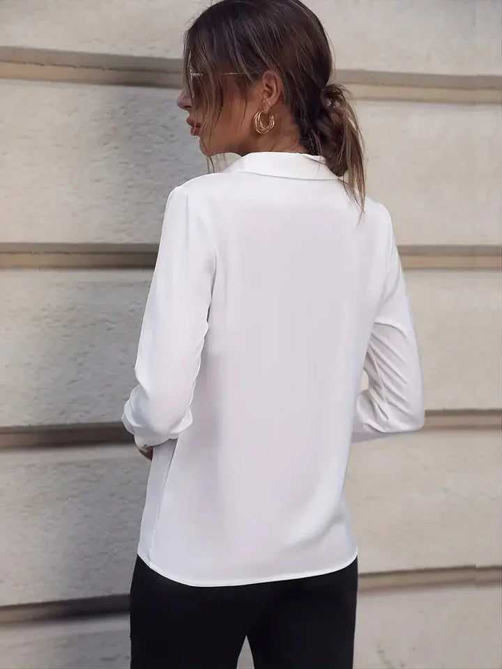 Camicetta da donna con colletto e scollo a V – Camicia classica a maniche lunghe per ufficio, vita quotidiana e look business casual