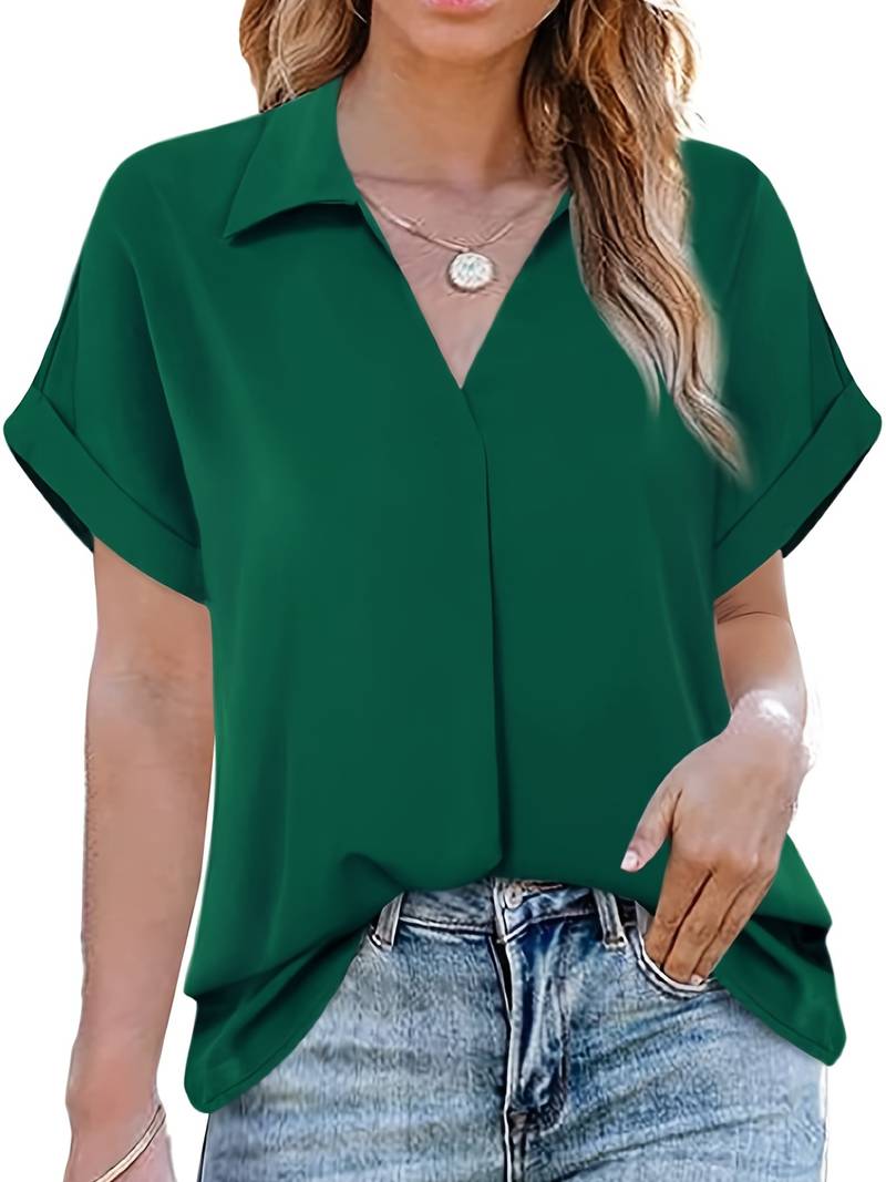 Camicia da donna taglio più ampio con scollo a V e colletto – Maglietta a maniche corte per ufficio e tempo libero