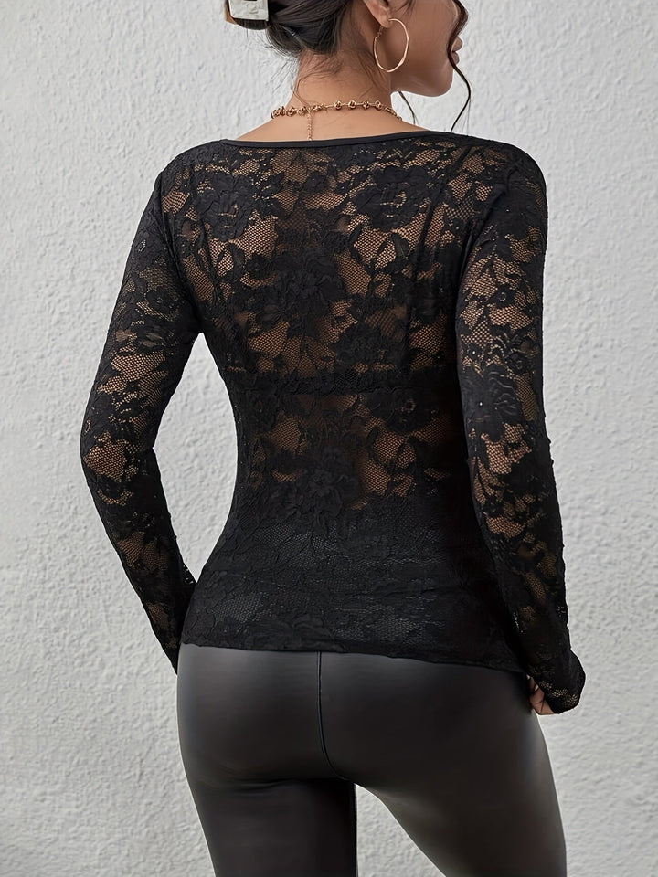 Top a maniche lunghe da donna in pizzo – Elegante top con scollo a V in pizzo trasparente