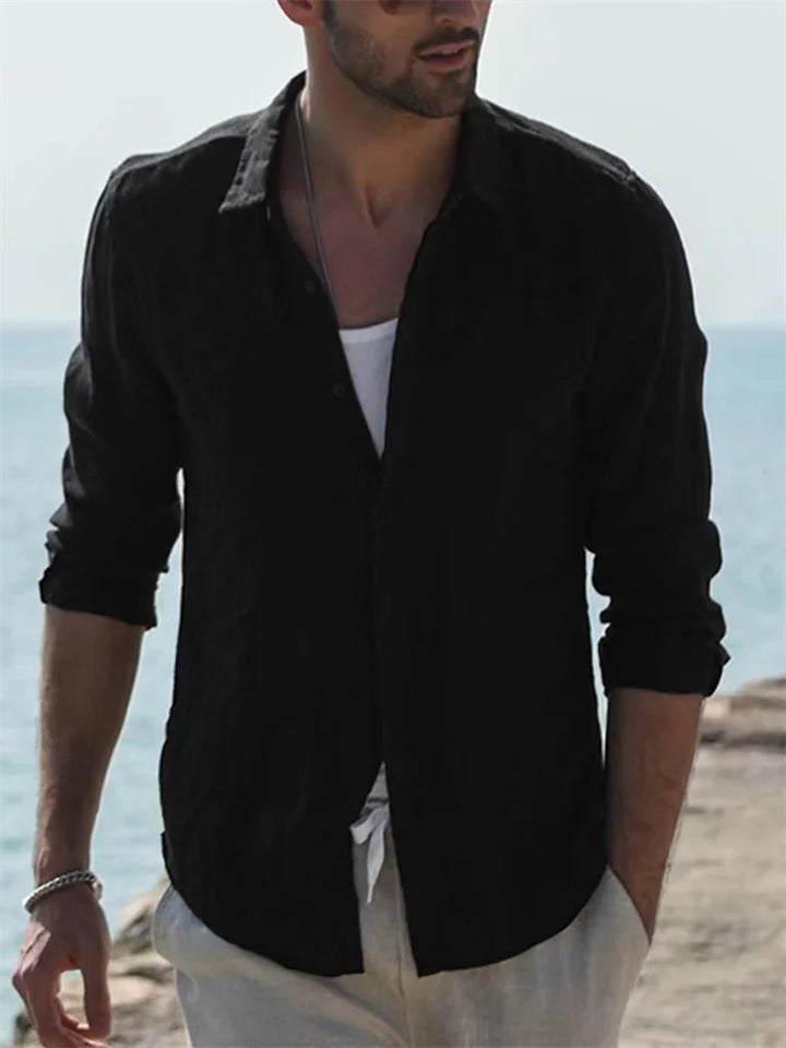 Chemise légère pour homme en mélange de lin – Chemise d'été à manches longues avec patte de boutonnage pour vacances, quotidien & looks de plage