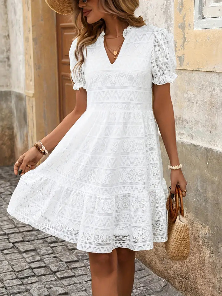 Damen Sommerkleid mit Spitze & Puffärmeln – Kurzes A-Linien Kleid im Boho-Stil für Urlaub, Alltag & Strand