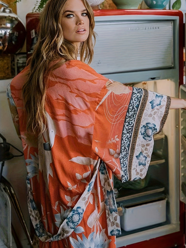 Kimono lungo con motivo floreale – Abito lungo boho con cintura e taglio ampio