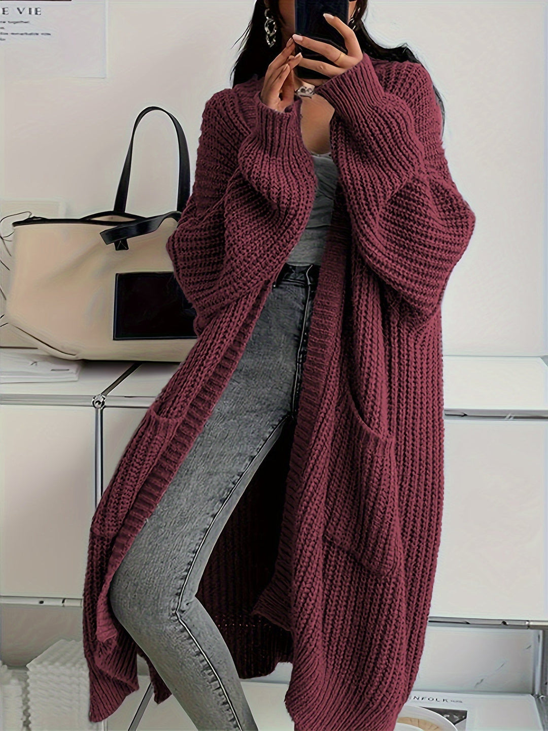 Lässiger Lange Aufgenähte Taschen Wolle Strickjacke Für Damen | Perfekt für Alltag