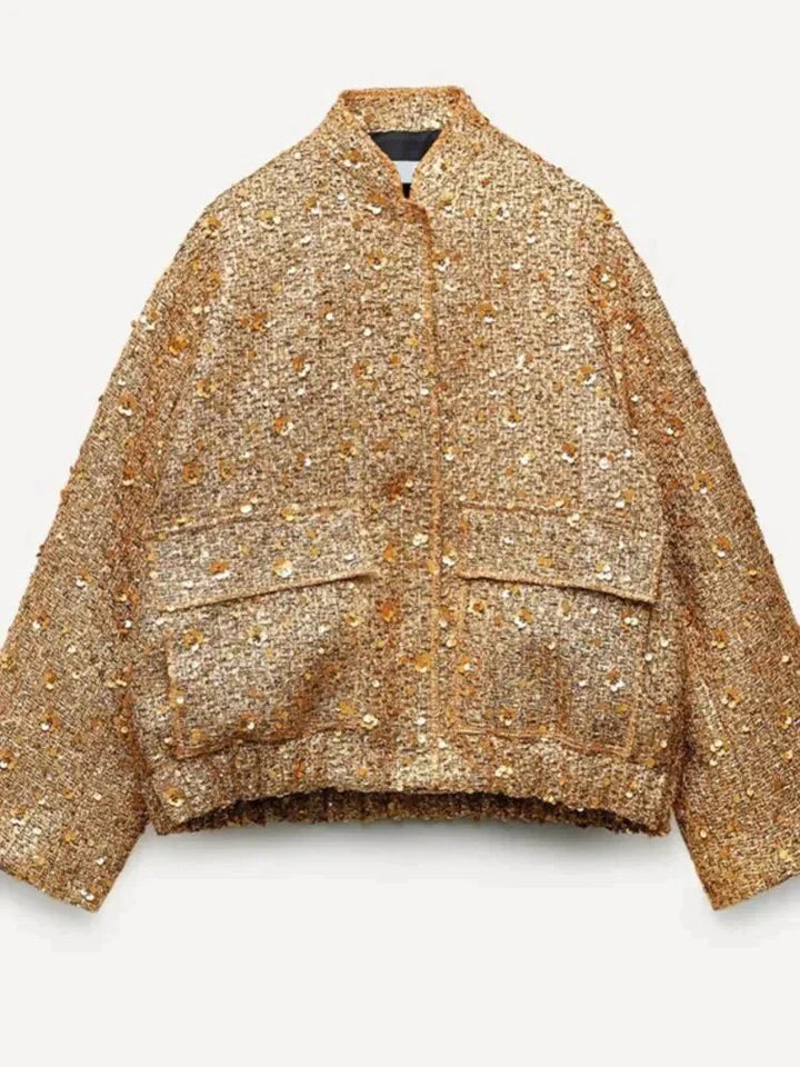 Veste bouclée carrée avec paillettes & coupe oversize – style blazer à la mode pour tenues spéciales