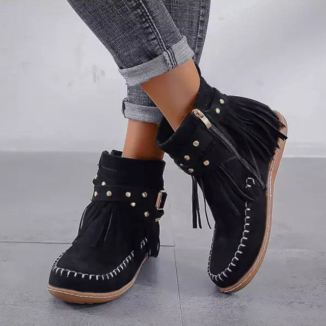 Bottines pour femmes avec franges, boucles et clous – bottines mocassins style bohème western