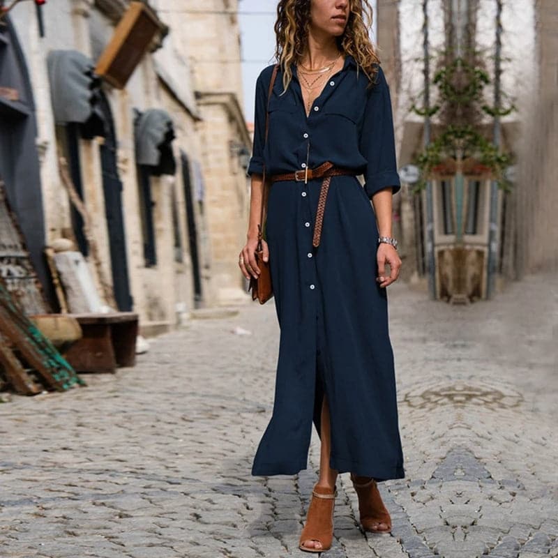 Vestito Camicia Midi Elegante – Fascino Rustico con Cintura in Vita