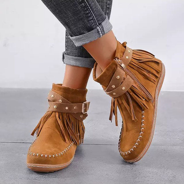 Bottines pour femmes avec franges, boucles et clous – bottines mocassins style bohème western