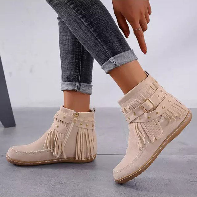 Bottines pour femmes avec franges, boucles et clous – bottines mocassins style bohème western