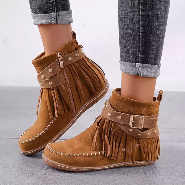 Bottines pour femmes avec franges, boucles et clous – bottines mocassins style bohème western