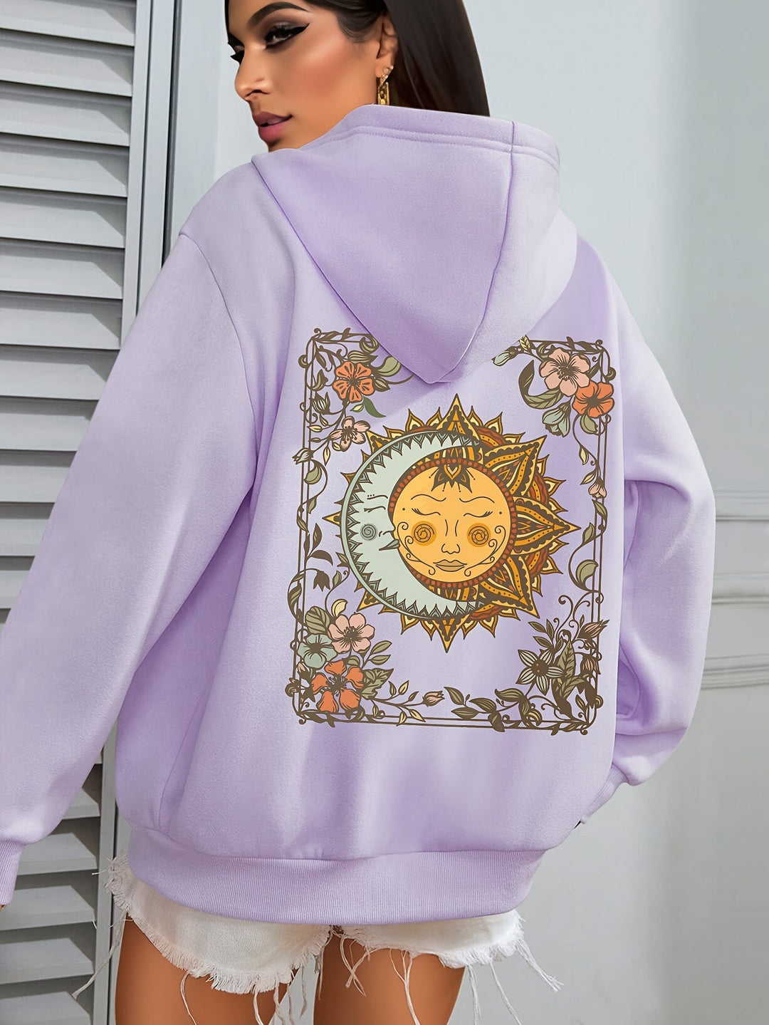 Damen Hoodie mit Sonne & Mond Print – Oversized Kapuzenpullover mit astrologischem Boho-Muster