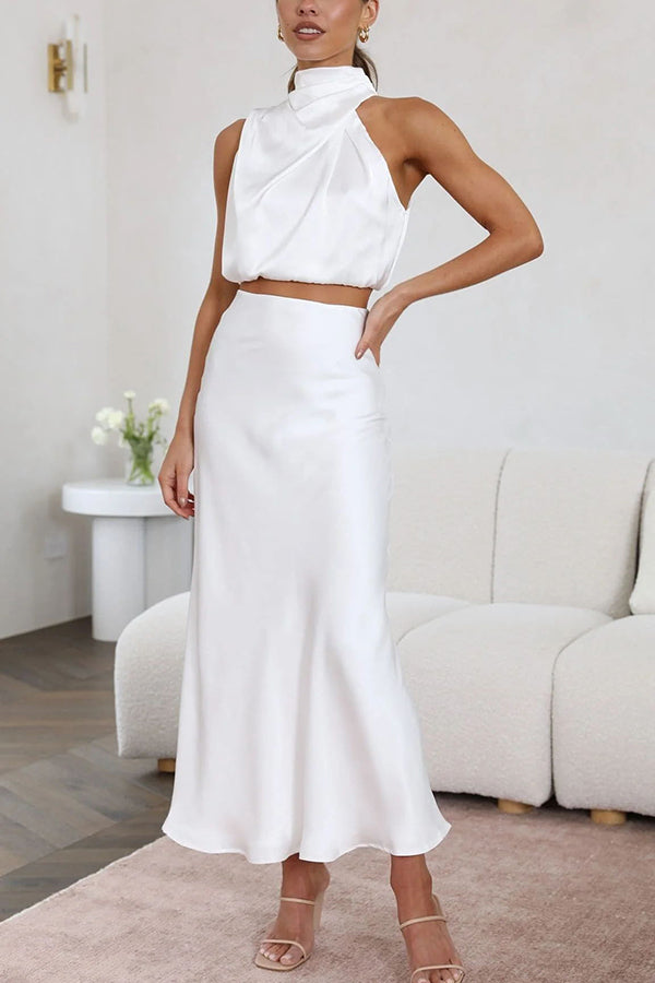 Zweiteiliges Satin Set für Damen – Elegantes Neckholder Top & Maxi Rock für Hochzeit, Event & Sommer