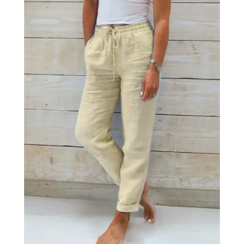Pantalon en lin pour femmes avec ceinture élastique – Pantalon décontracté aéré avec cordon de serrage pour l'été, les vacances et le quotidien