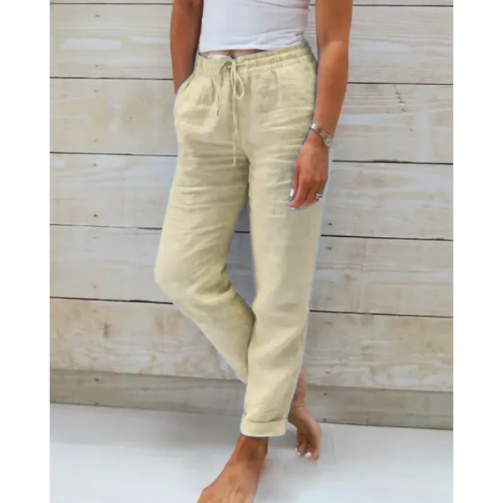 Pantalon en lin pour femmes avec ceinture élastique – Pantalon décontracté aéré avec cordon de serrage pour l'été, les vacances et le quotidien