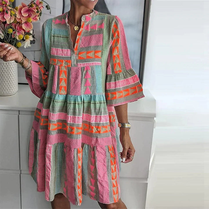 Tunica boho da donna con motivo geometrico – Abito estivo ampio con maniche 3/4