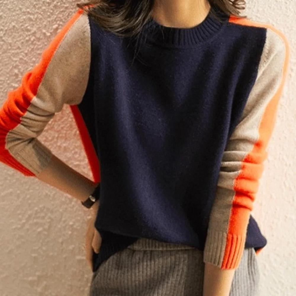 Aquisha | Pull pour femmes avec rayures rétro en marine et orange