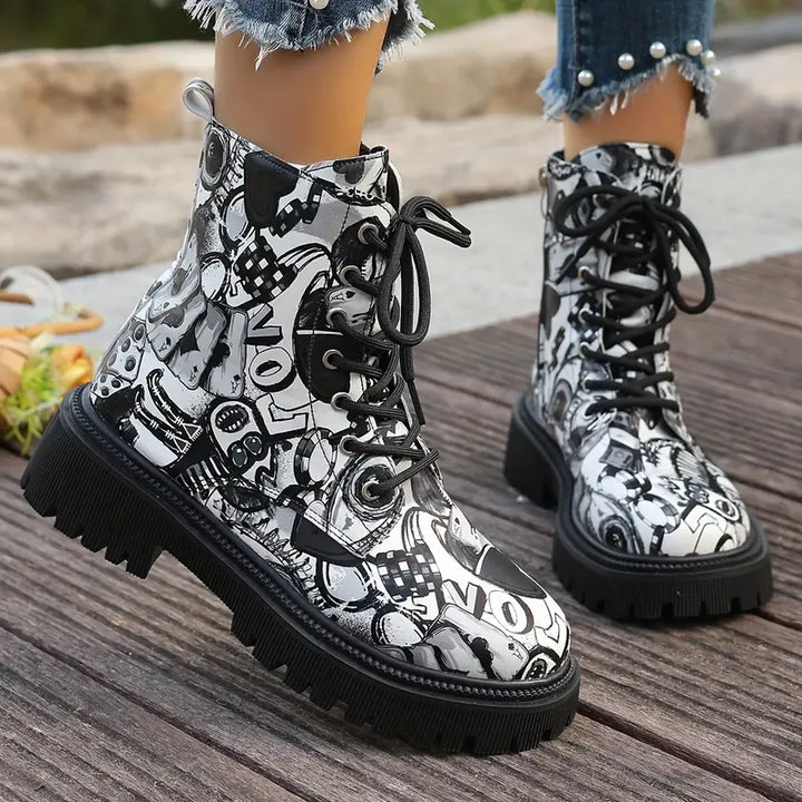 Bottines amusantes et festives avec imprimé cartoon, talon bas et fermeture éclair