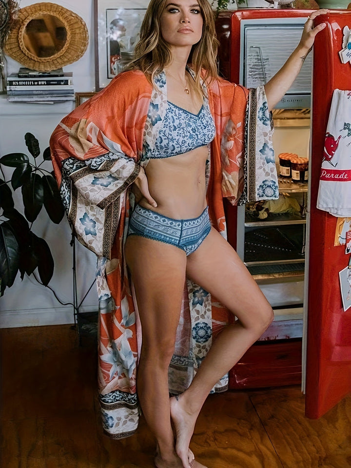 Kimono lungo con motivo floreale – Abito lungo boho con cintura e taglio ampio