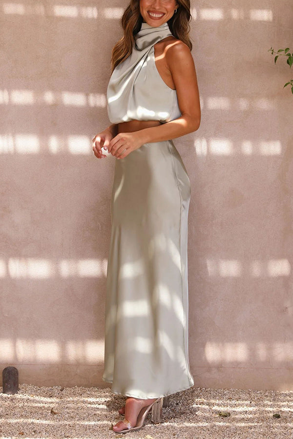 Zweiteiliges Satin Set für Damen – Elegantes Neckholder Top & Maxi Rock für Hochzeit, Event & Sommer