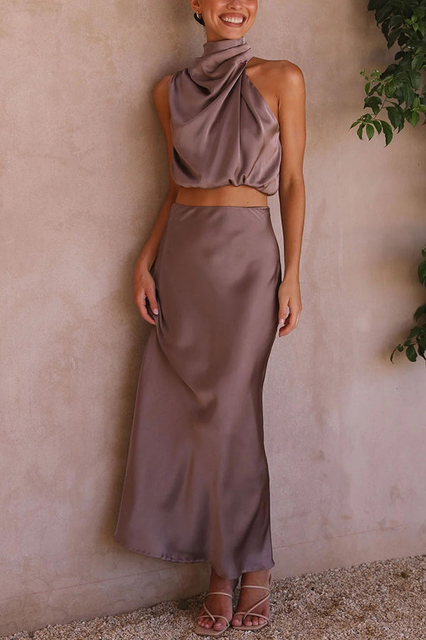 Zweiteiliges Satin Set für Damen – Elegantes Neckholder Top & Maxi Rock für Hochzeit, Event & Sommer