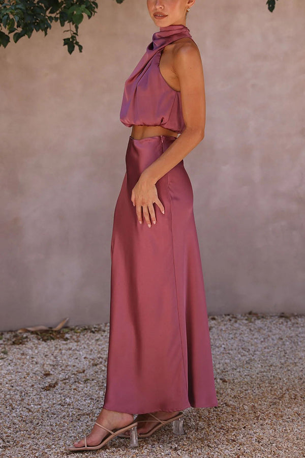 Zweiteiliges Satin Set für Damen – Elegantes Neckholder Top & Maxi Rock für Hochzeit, Event & Sommer