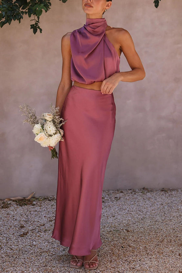 Zweiteiliges Satin Set für Damen – Elegantes Neckholder Top & Maxi Rock für Hochzeit, Event & Sommer