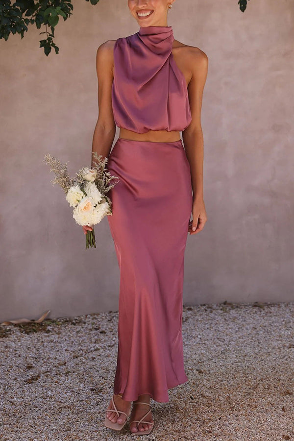 Zweiteiliges Satin Set für Damen – Elegantes Neckholder Top & Maxi Rock für Hochzeit, Event & Sommer