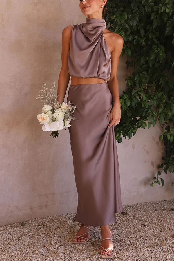 Zweiteiliges Satin Set für Damen – Elegantes Neckholder Top & Maxi Rock für Hochzeit, Event & Sommer