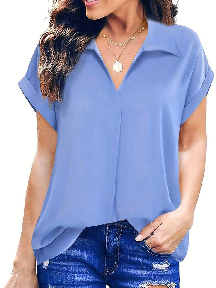 Camicia da donna taglio più ampio con scollo a V e colletto – Maglietta a maniche corte per ufficio e tempo libero