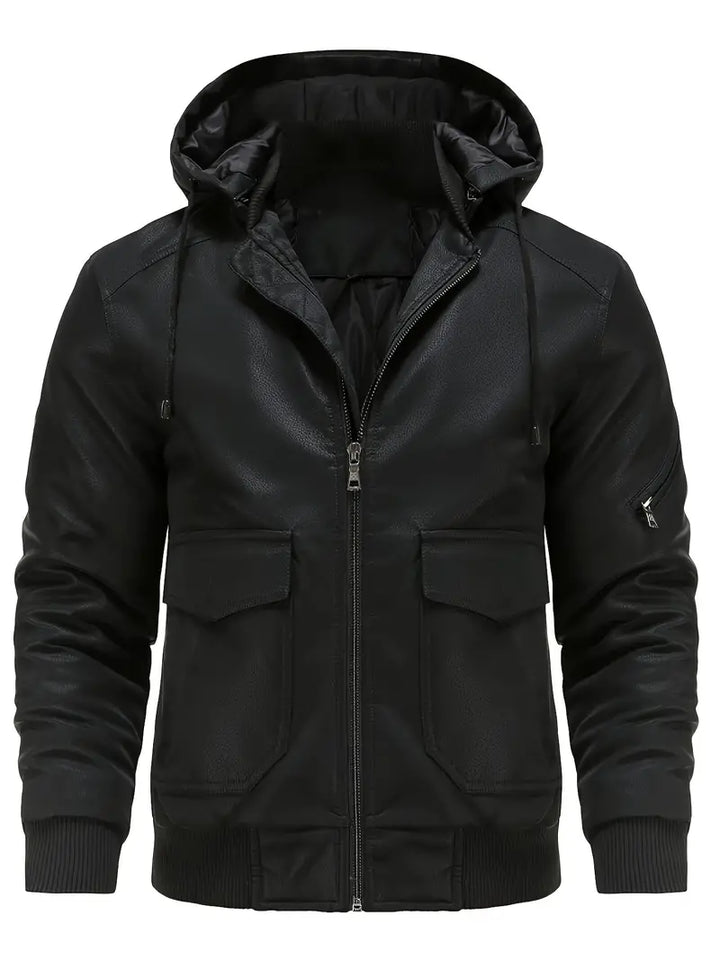 Nathanael - Wasserdichte winddichte PU Leder Winterjacke für Männer mit Kapuze
