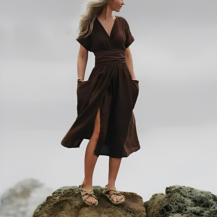 Robe midi élégante ILSE avec ceinture et poches latérales