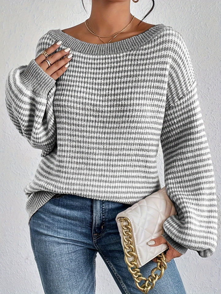 Vintage Schulterfreier Baumwollpullover mit Streifen, elastischem Stoff und Rundhalsausschnitt Pullover Damen | Ideal für Frühling