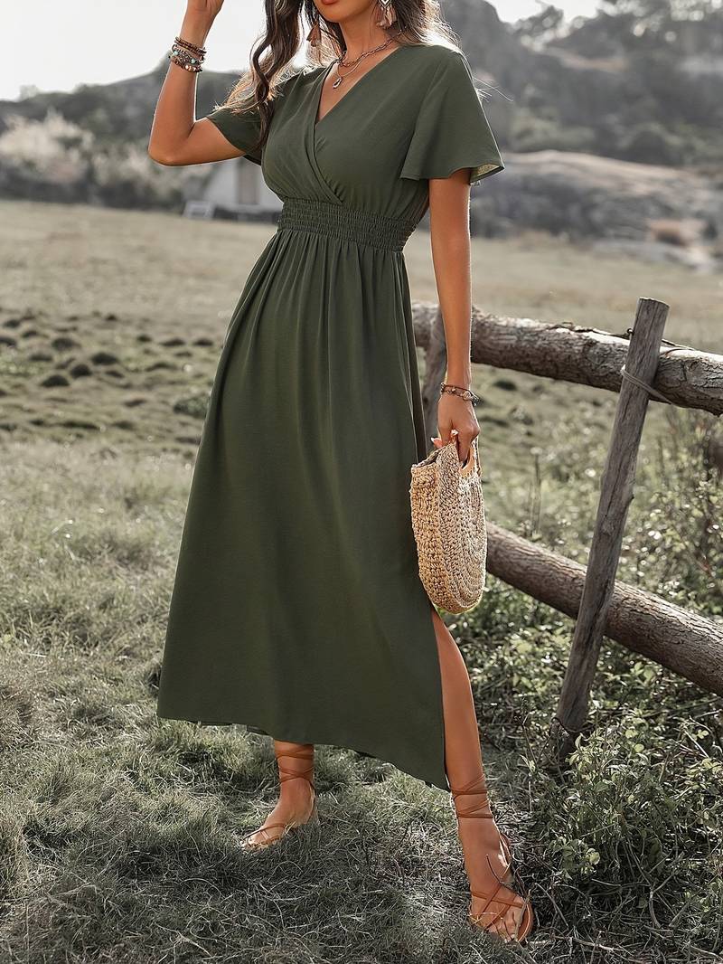 Abito lungo boho da donna con scollo a V – abito estivo con maniche corte, spacco e vita elastica per vacanze, tempo libero e festival