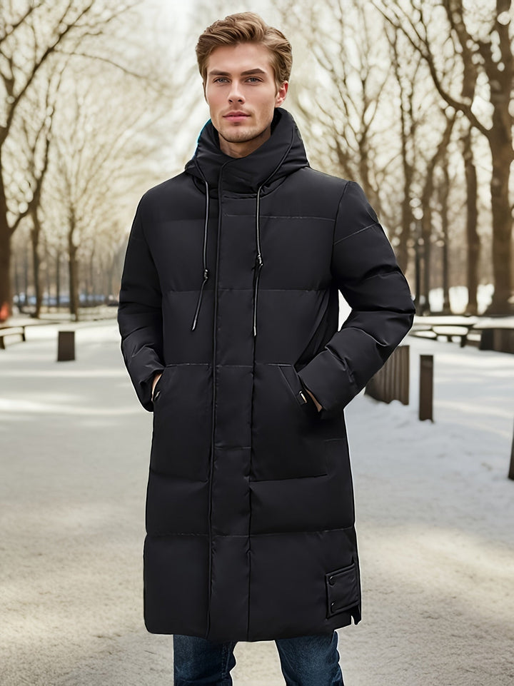 Veste d'hiver matelassée à capuche mi-longue décontractée pour hommes avec patte de fermeture éclair non extensible | Parfaite pour les activités de plein air