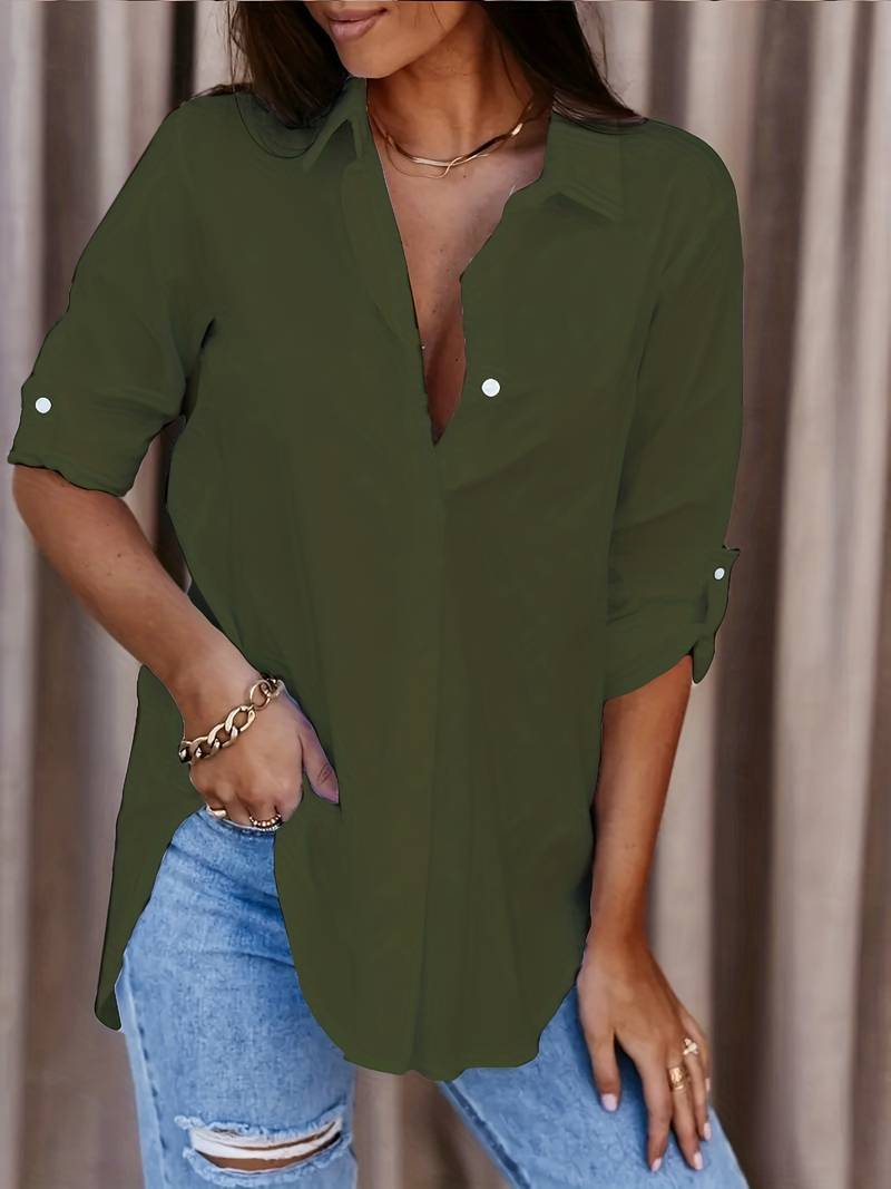Camicetta da donna con colletto a risvolto – Camicia bianca classica con maniche 3/4 per business e casual