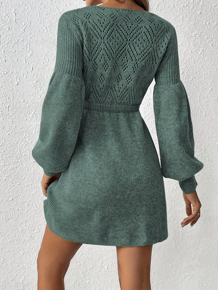 Warm Lochstickerei Solide Farbe Strick Laternen Ärmel A-Linie Geraffte Taille Formelles Kleid Für Frauen | Ideal für formelle Anlässe