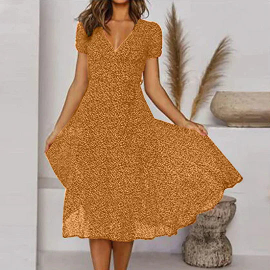 Robe midi fluide pour femme avec décolleté en V et manches courtes – Robe d'été féminine coupe trapèze