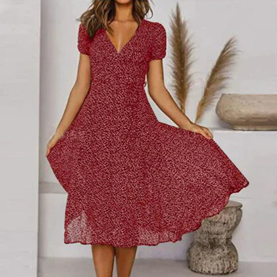Robe midi fluide pour femme avec décolleté en V et manches courtes – Robe d'été féminine coupe trapèze