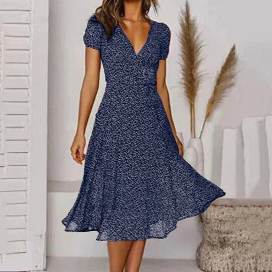 Robe midi fluide pour femme avec décolleté en V et manches courtes – Robe d'été féminine coupe trapèze