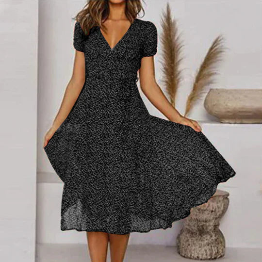 Robe midi fluide pour femme avec décolleté en V et manches courtes – Robe d'été féminine coupe trapèze