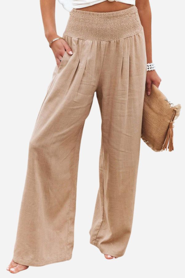 Pantaloni estivi larghi da donna con coulisse arricciata – Pantaloni da spiaggia ariosi con vita alta e taglio palazzo