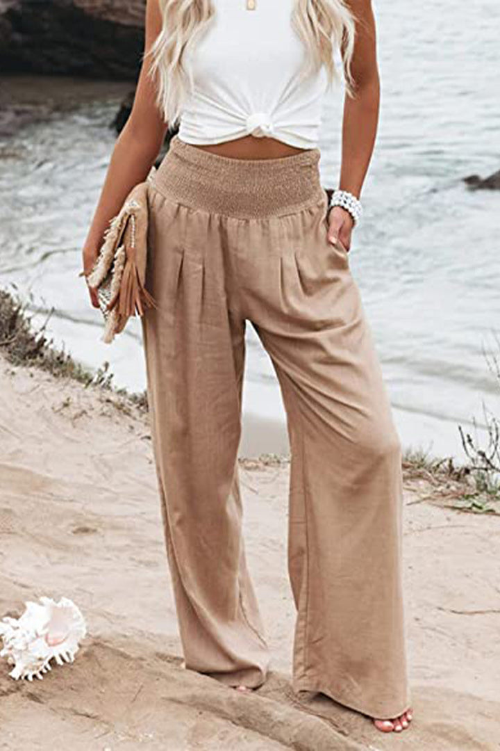 Pantaloni estivi larghi da donna con coulisse arricciata – Pantaloni da spiaggia ariosi con vita alta e taglio palazzo